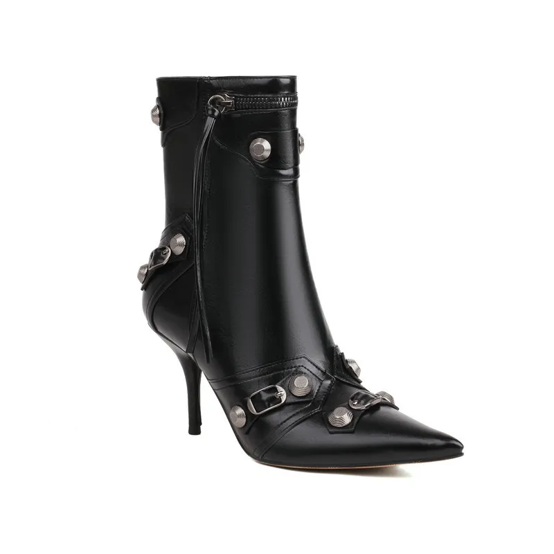 

New Women Slim High Heel Metal Buckle Chain Luxury Shoes Fashion Comfortable Pointed Toe Ankle Boots Stiletto Short Boots