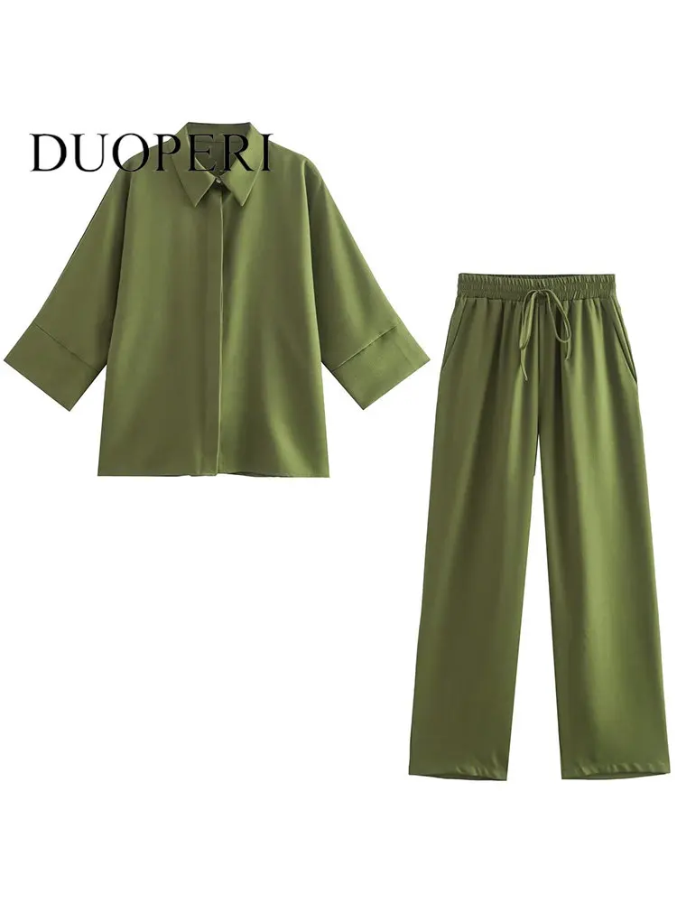 

DUOPERI Two Piece Set Women Fashion Solid Single Breasted Shirt Vintage Elastic Waist Trousers Feamle Chic Outfit Pants Sets