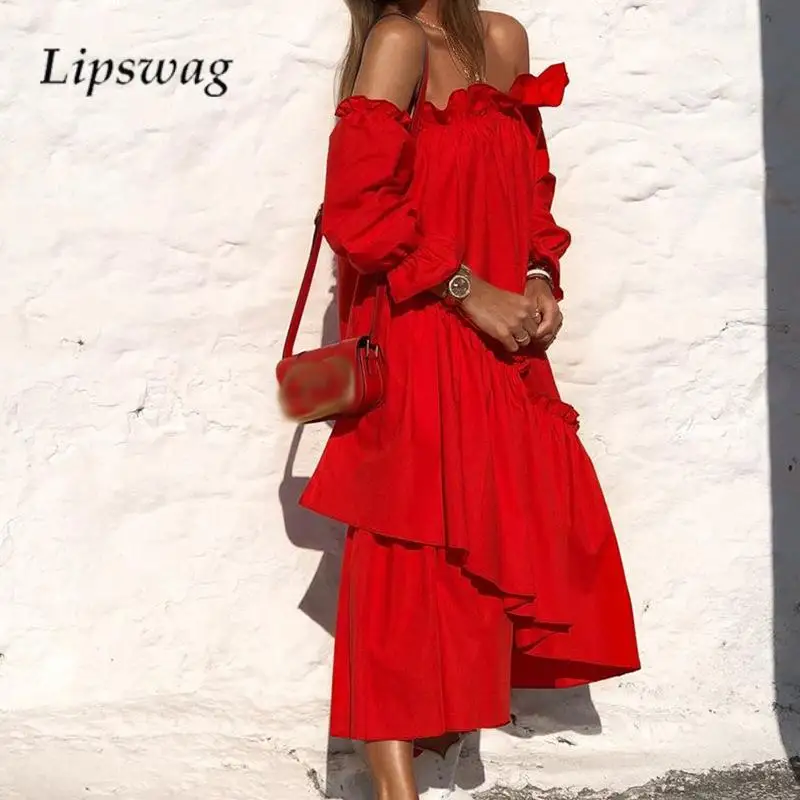 

Sexy Women Ruffled Irregular Loose Dress Casual Solid Color Lantern Sleeve Long Dress 2023 Early Autumn One Shoulder Beach Dress