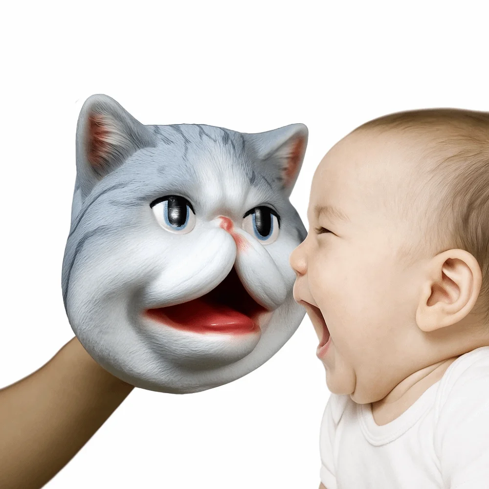 Фото Мягкая виниловая кукла-перчатка в виде головы животного Kawaii: интерактивная модель кошачьей головы для игр и развлечений детей №3