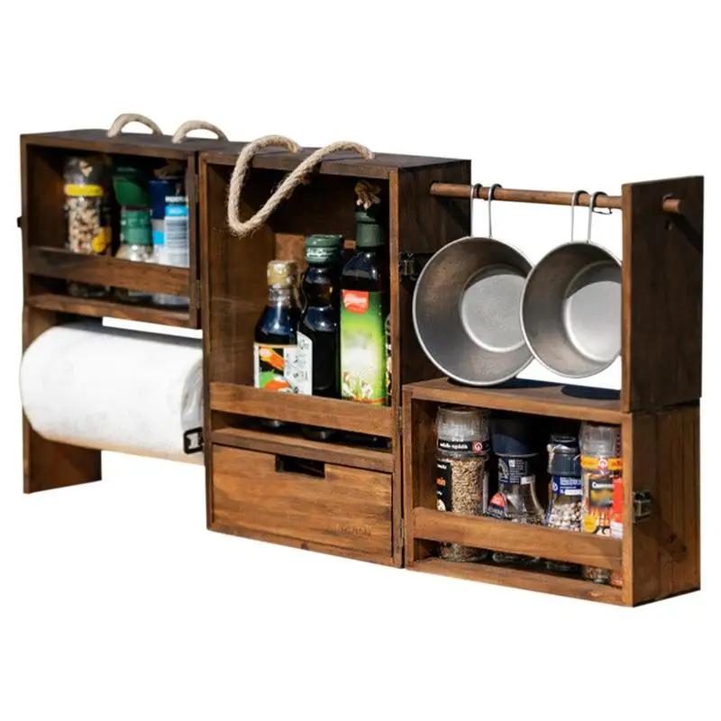 

Foldable Camping Seasoning Cabinet Wooden Multi-layer Grill Caddy Portable Outdoor Picnic Condiment Box For Camping Supplies
