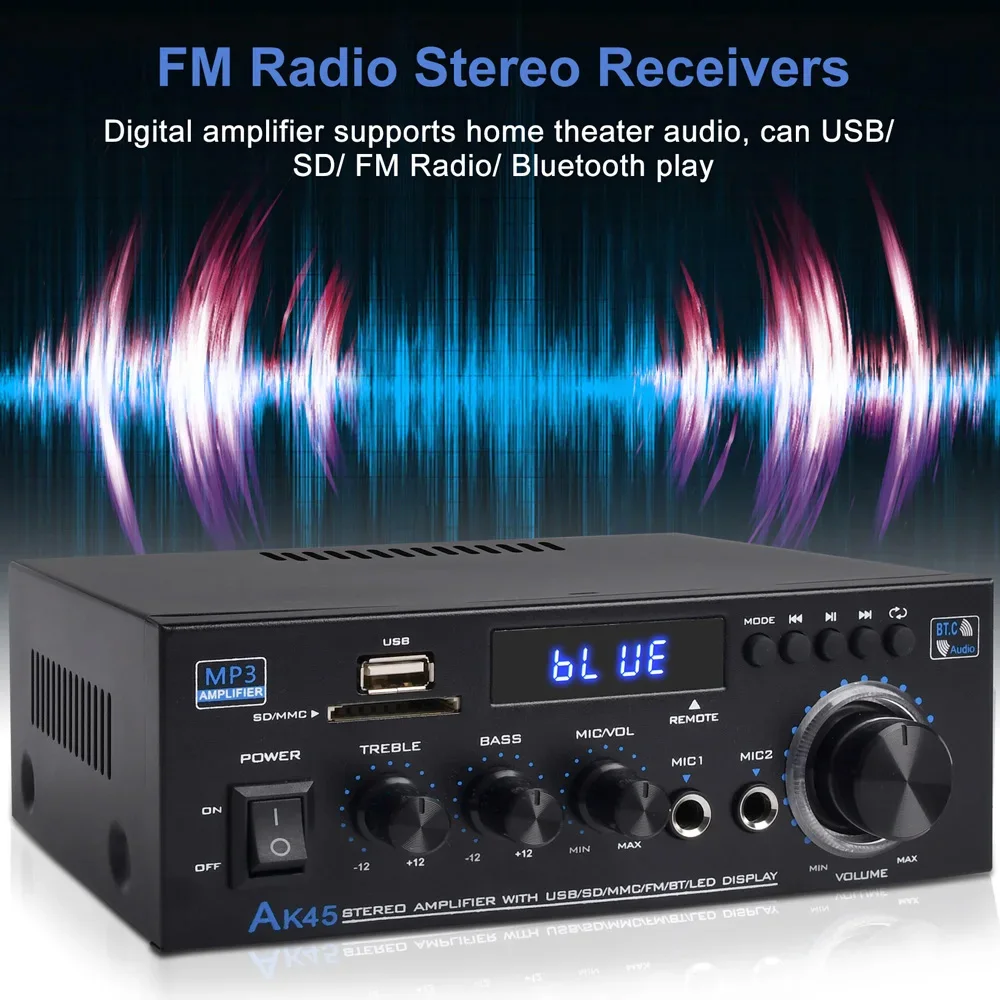 Фото AK45 HiFi цифровой усилитель Bluetooth MP3 канал 2.0 звуковой усилитель с поддержкой 90 В-240 В для домашнего автомобиля (MAX 300 Вт * 2) USB SD микрофонный вход №5