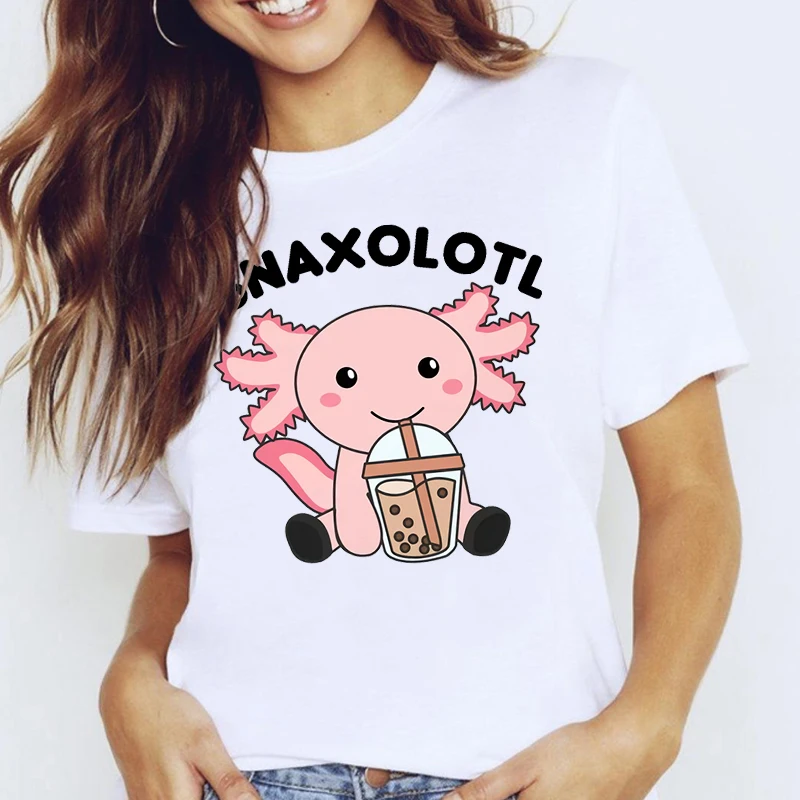 

Kawaii Мультфильм Axolotl любит пузырьковый чай футболка Женские забавные летние топы аниме Графические футболки Harajuku Милая Axolotl Футболка женска...