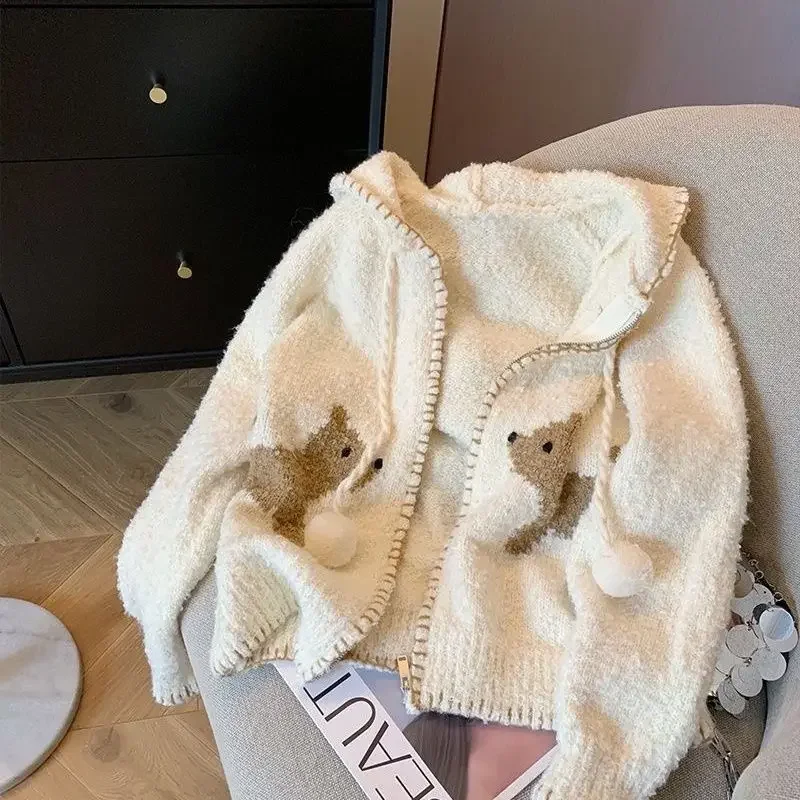 Женский осенне-зимний вязаный кардиган с капюшоном и принтом милой собаки