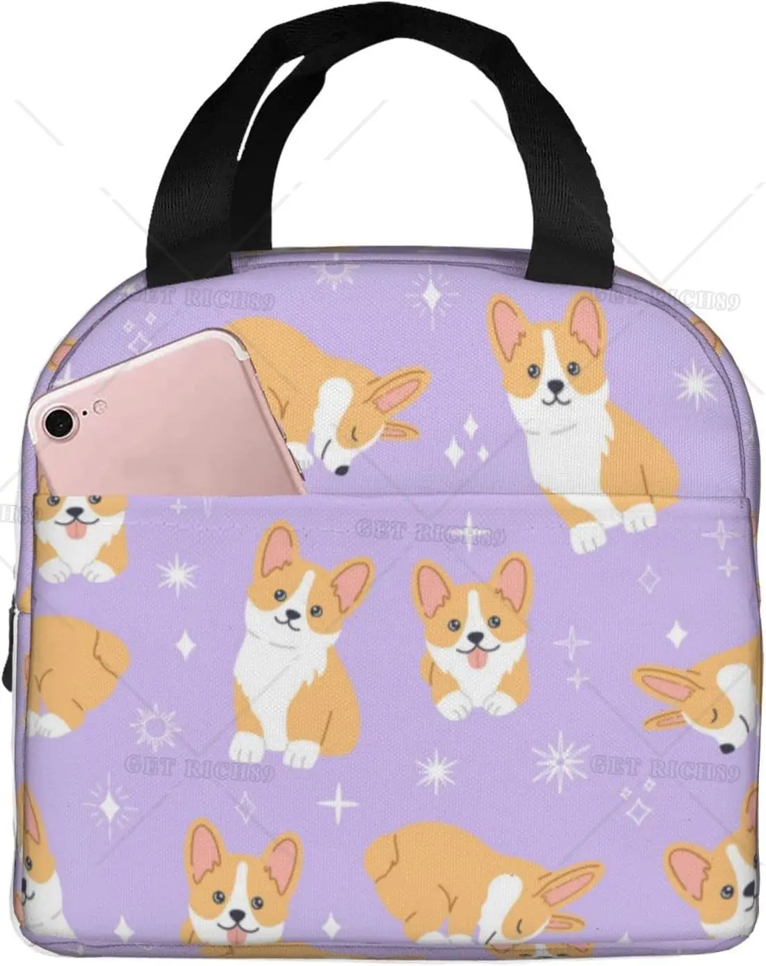 

Cute Happy Corgi Dog with Smiling Face Lunch Bag for Women Kawaii Insulated Lunch Box with Frond Pocket for Work Picnic Travel