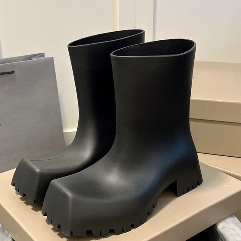 

Square Toe Rain Boots and Women's Daily All-match Mid-tube Boots Thick Bottom Increased Fashion Waterproof Non-slip Water Shoes