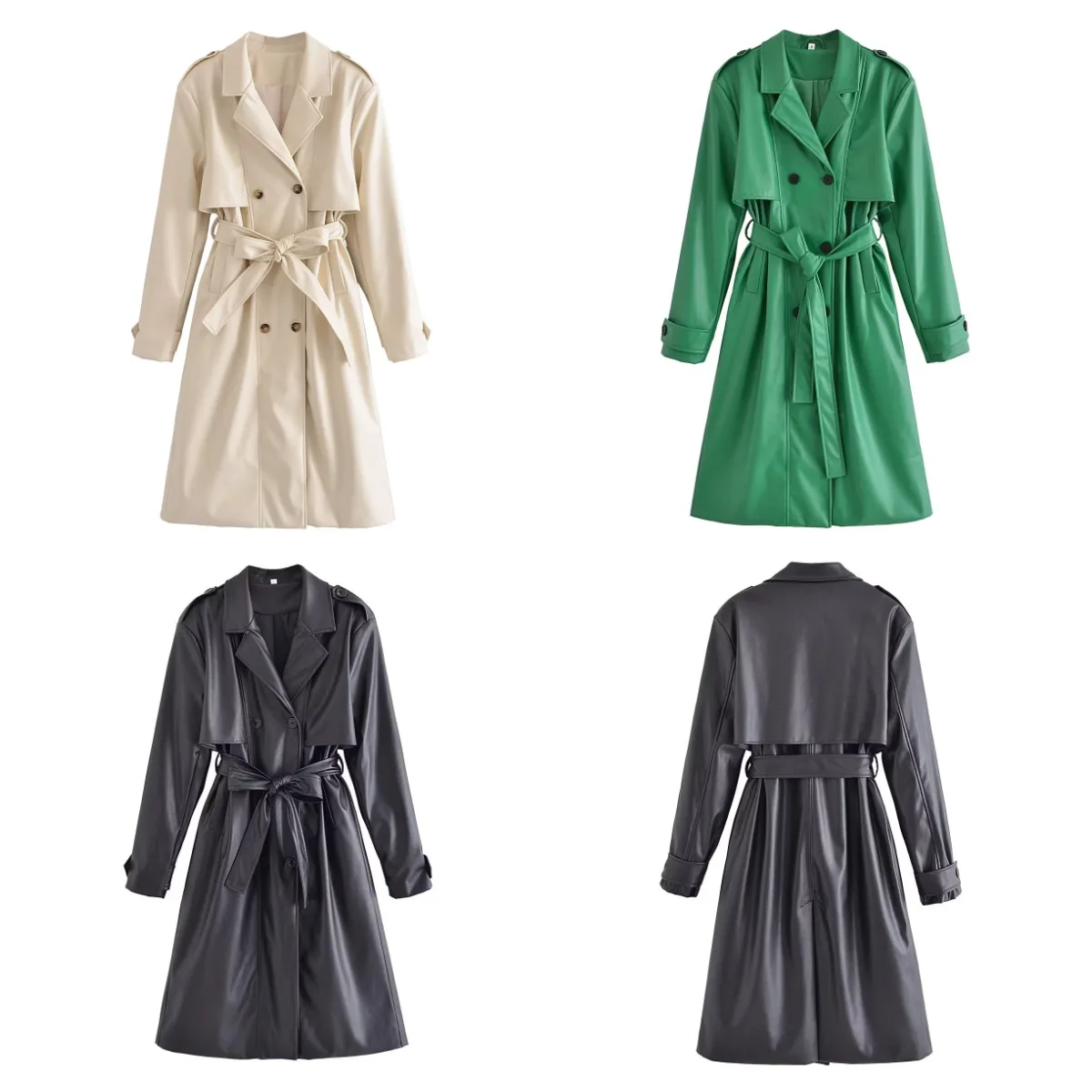 

2022 autumn new European and American cross-border women's wear temperament light mature imitation leather belt trench coat jack
