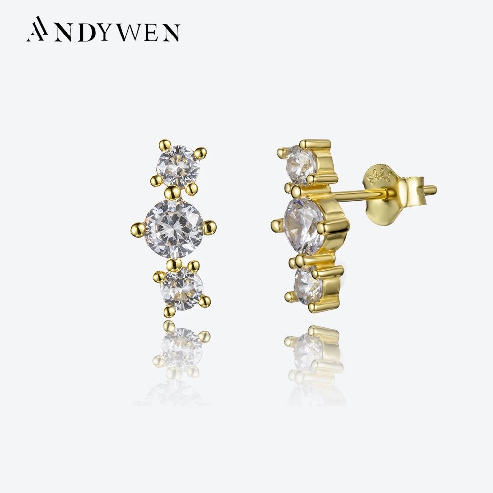 

ANDYWEN 925 Sterling Silver Three Zircon CZ Stud Earring Women Luxury Jewelry 2023 Classic New Design For Women Crytal Jewels