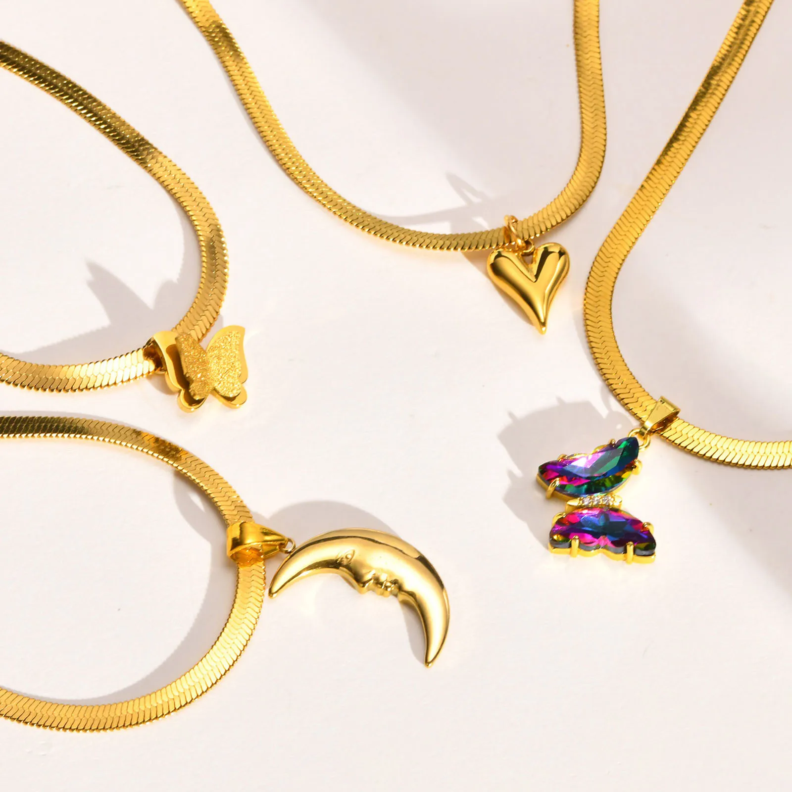 

Exquisite Butterfly Heart Crescent Moon Charms Chain Choker Necklaces for Women, Gold Tone Stainless Steel Flat Snake Chain