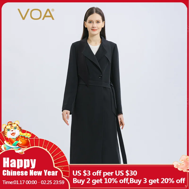 VOA 45m/m Heavyweight Silk Black Suit Collar Waist Bandage Waist Thin Mid-length Solid Color Trench Coat Women Windbreaker FE226
VOA 45m/m Heavyweight Silk Black Suit Collar Waist Bandage Waist Thin Mid-length Solid Color Trench Coat Women Windbreaker FE226