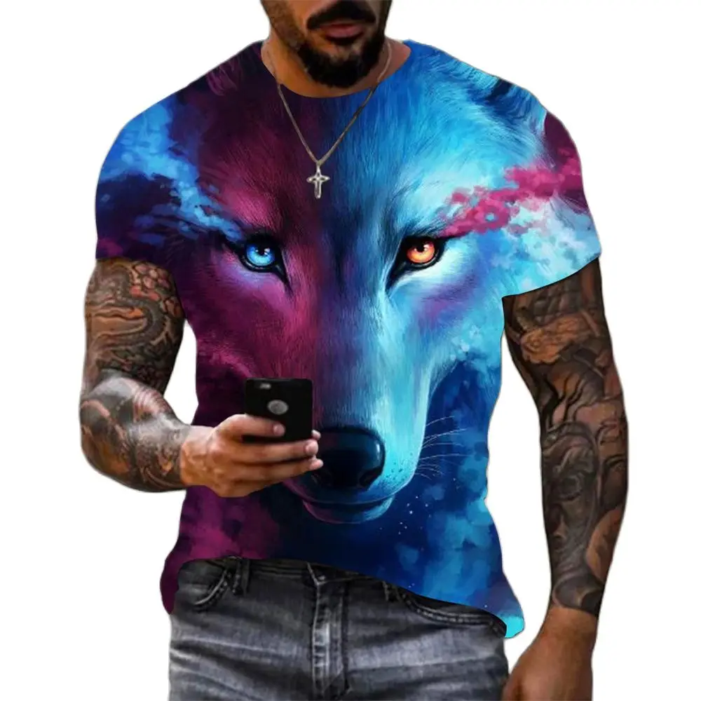 

Vintage Wolf T Shirt Mens 3D Animal Graphic Print Short Sleeve Tops Casual Street Lion Fighting T-shirt Oversized Tee Clothing