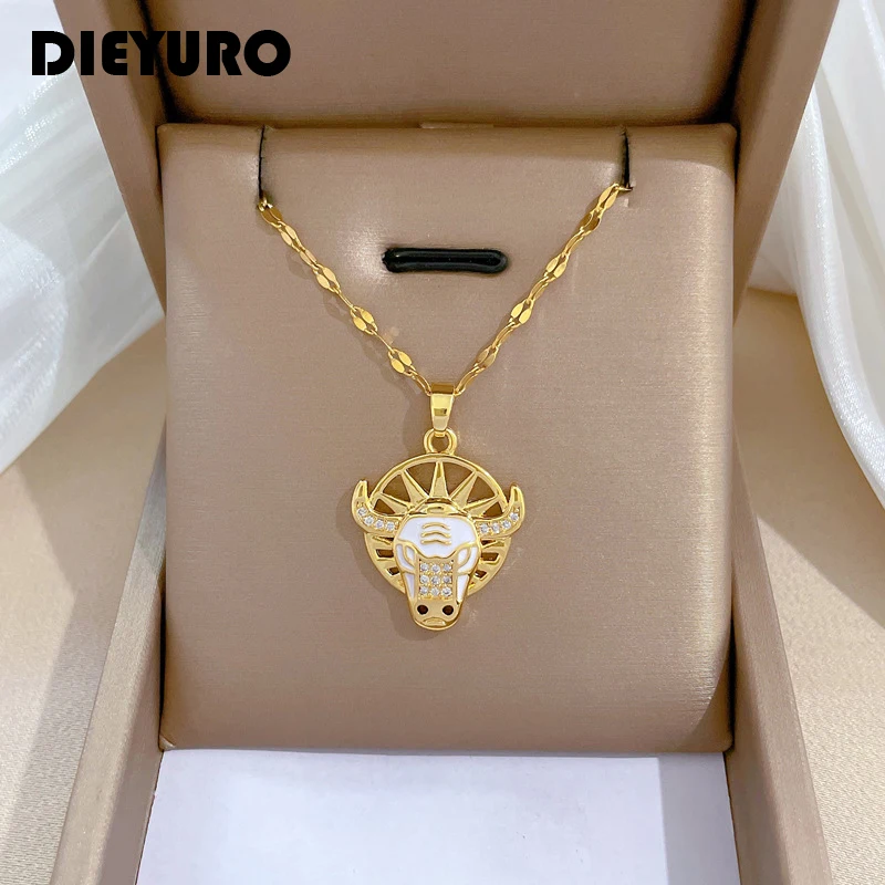 

DIEYURO 316L Stainless Steel Bull Head Pendant Necklace For Women Girl New Trend Neck Chain Choker Jewelry Gift Party Collier