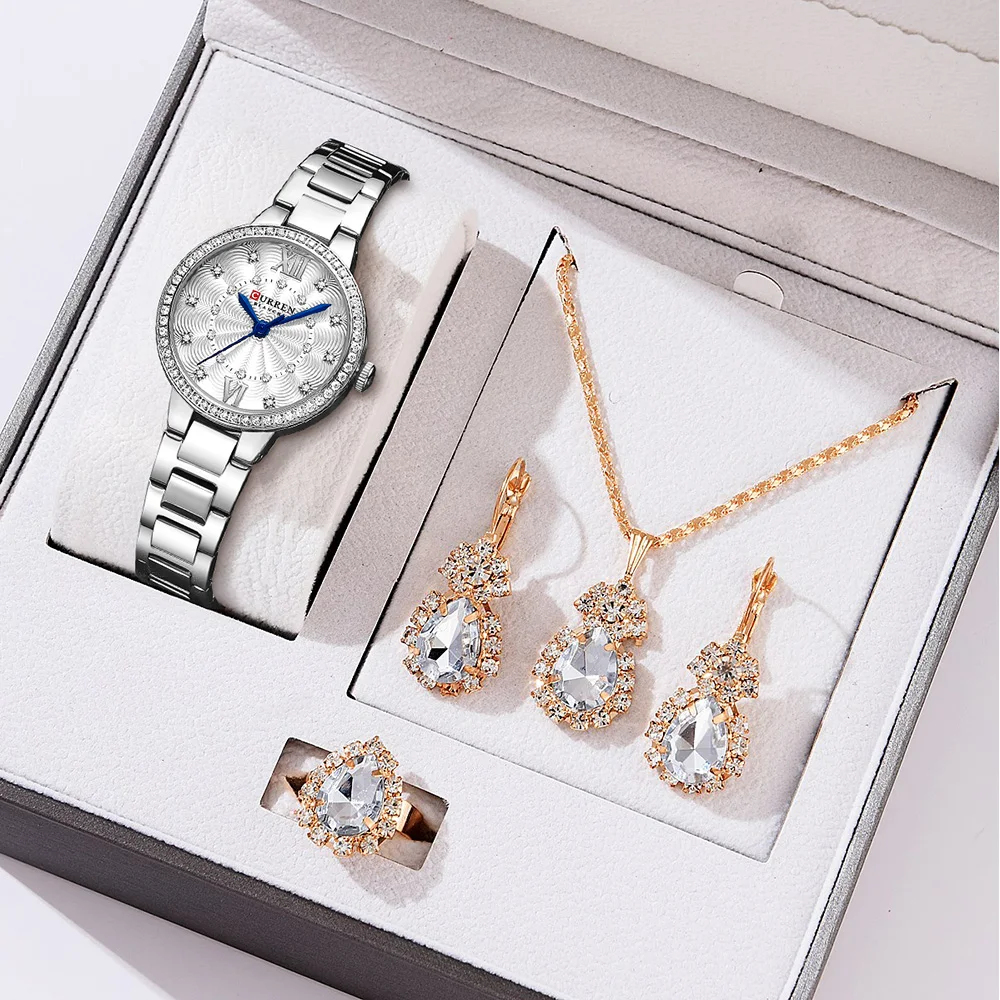CURREN Luxury Watches For Women Stainless Steel Band Clock Female Rhinestone Dial Slim Wristwatches Ladies With 5 Piece Gift Set