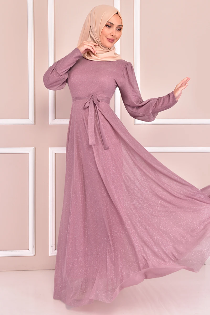 Серебристое платье с ремнем, розовое платье Kurusu для женщин, Дубай, абайя, Турция, хиджаб, платье, осенняя однотонная мусульманская одежда с д...
