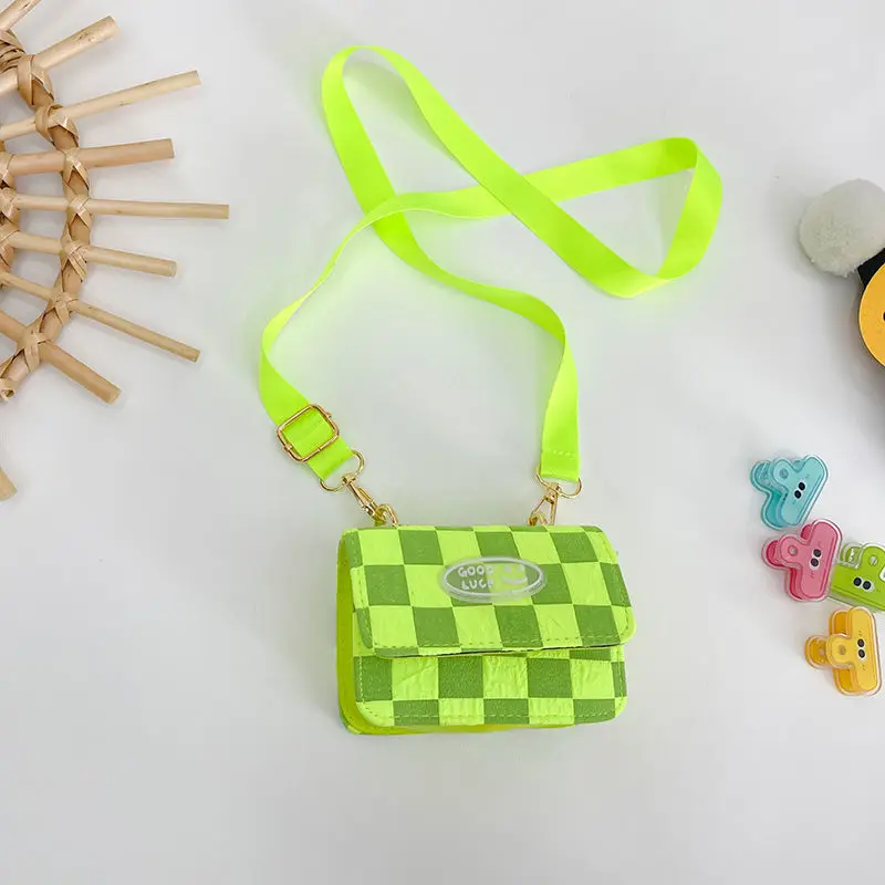 

Cute Princess Mini Square Shoulder Bag Checkerboard Baby Girls Smile Handbags Fluorescent Color Children's Purse Messenger Bags