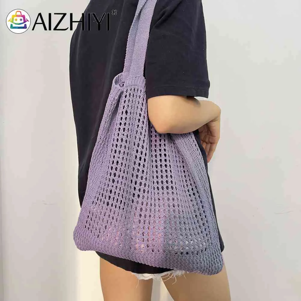 

Новинка 2022, модная женская вязаная сумка через плечо с вырезами, простая вязаная крючком сумка-тоут, дизайнерская женская пляжная сумка с оп...