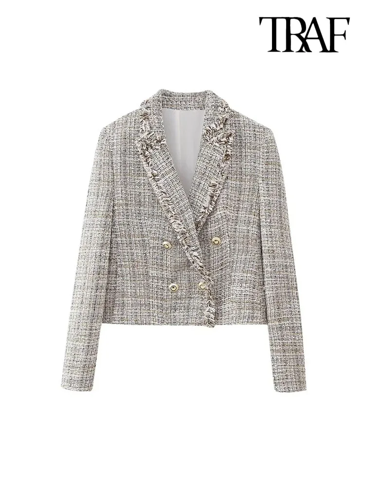 

Пиджак женский твидовый двубортный с длинным рукавом, потертый