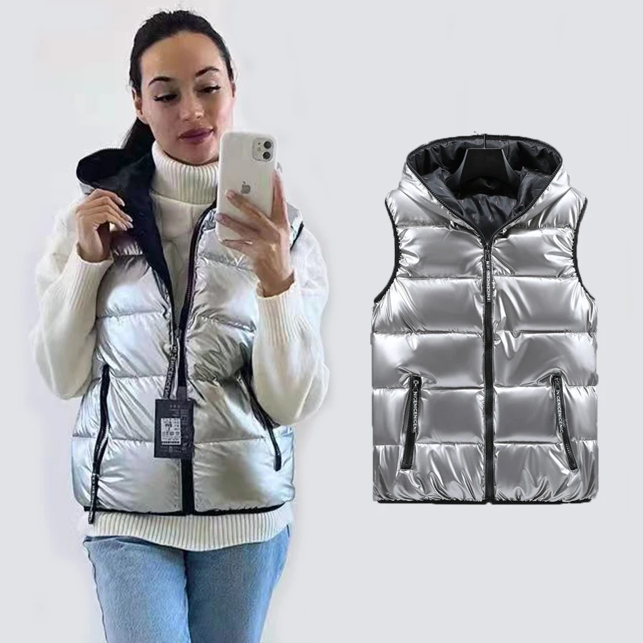 2023 New Women Winter Vests Hooded Short Bright Color Vest Cotton Padded Sleeveless Coat Female Waterproof Thick Waistcoat