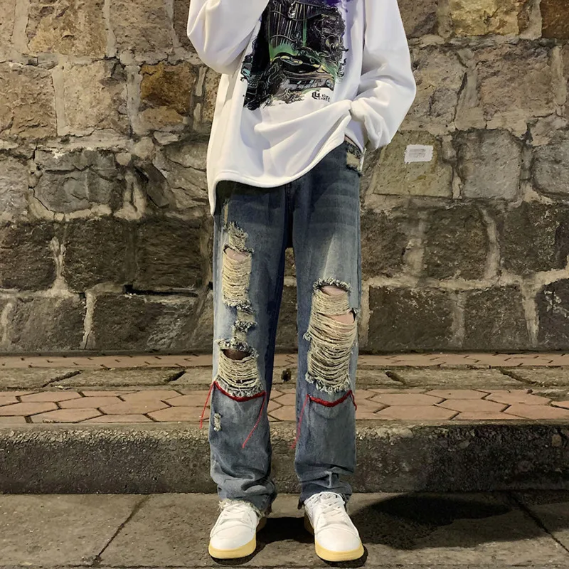 Embroidered Hole Jeans Men Fashion Retro Casual Wide Leg Jeans Men Streetwear Loose Hip Hop Ripped Straight Denim Pants Men