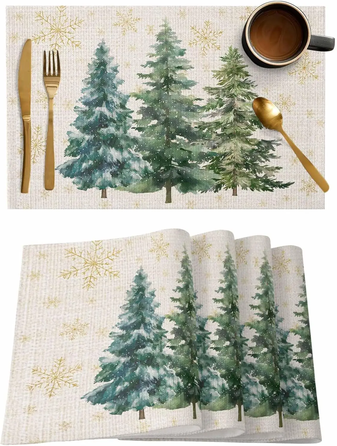 Настольные коврики из льна, зеленые, 4 штуки