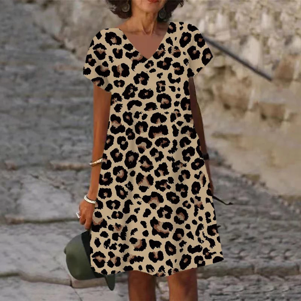 

Summer Fashion Women Loose Boho Elegant Dress Beach Party Women V-neck short sleeve Sexy Multicolor Leopard Print Loose Dresses
