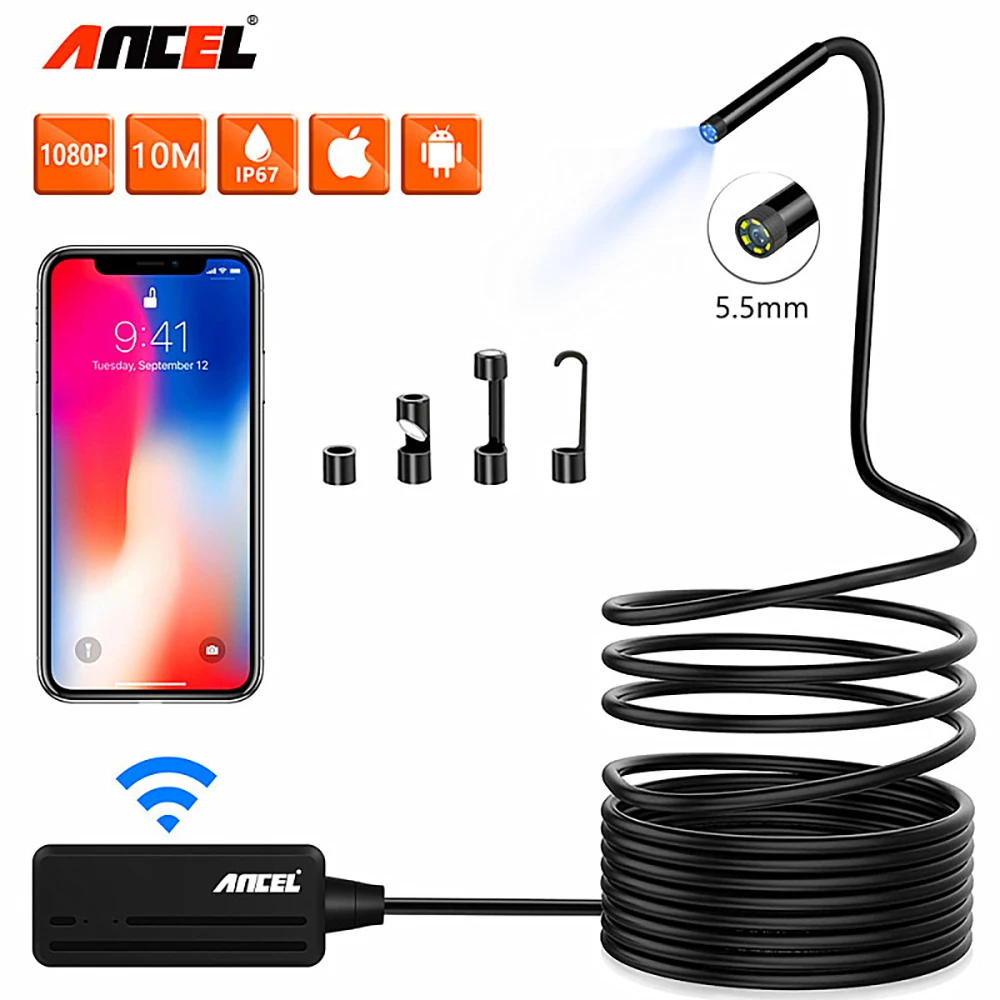 ANCEL WiFi Endoscope 5.5mm Wireless Borescope Inspection Camera 1080P HD Waterproof with Light for iPhone, Android and Tablet
