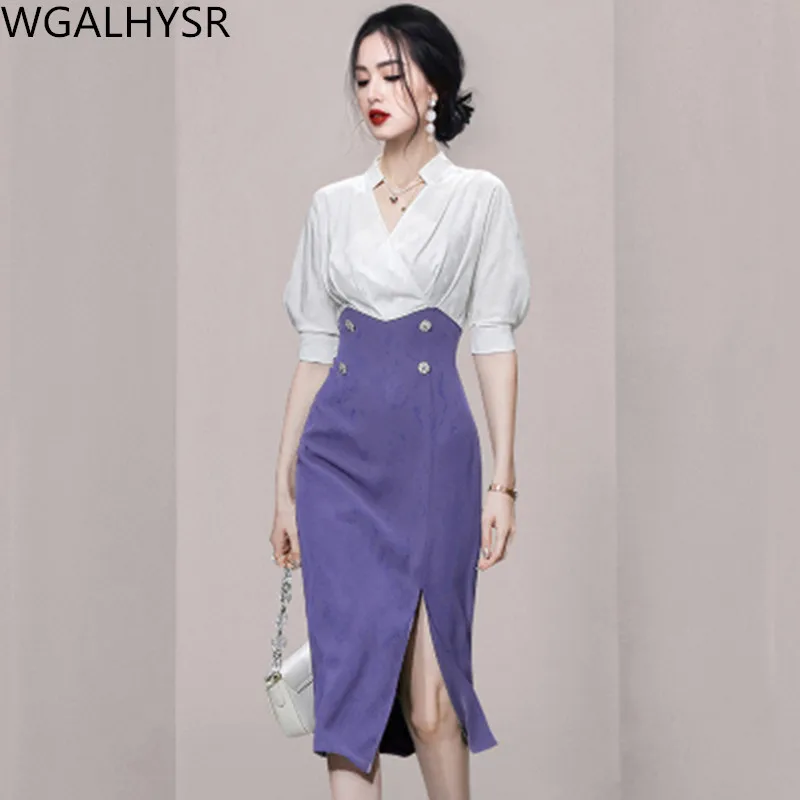 

2023 New Fashion Runway Summer Women's Dress Stylish Commuter V Neck Slim Color Contrast Straight Barrel Slit Pencil Dresses