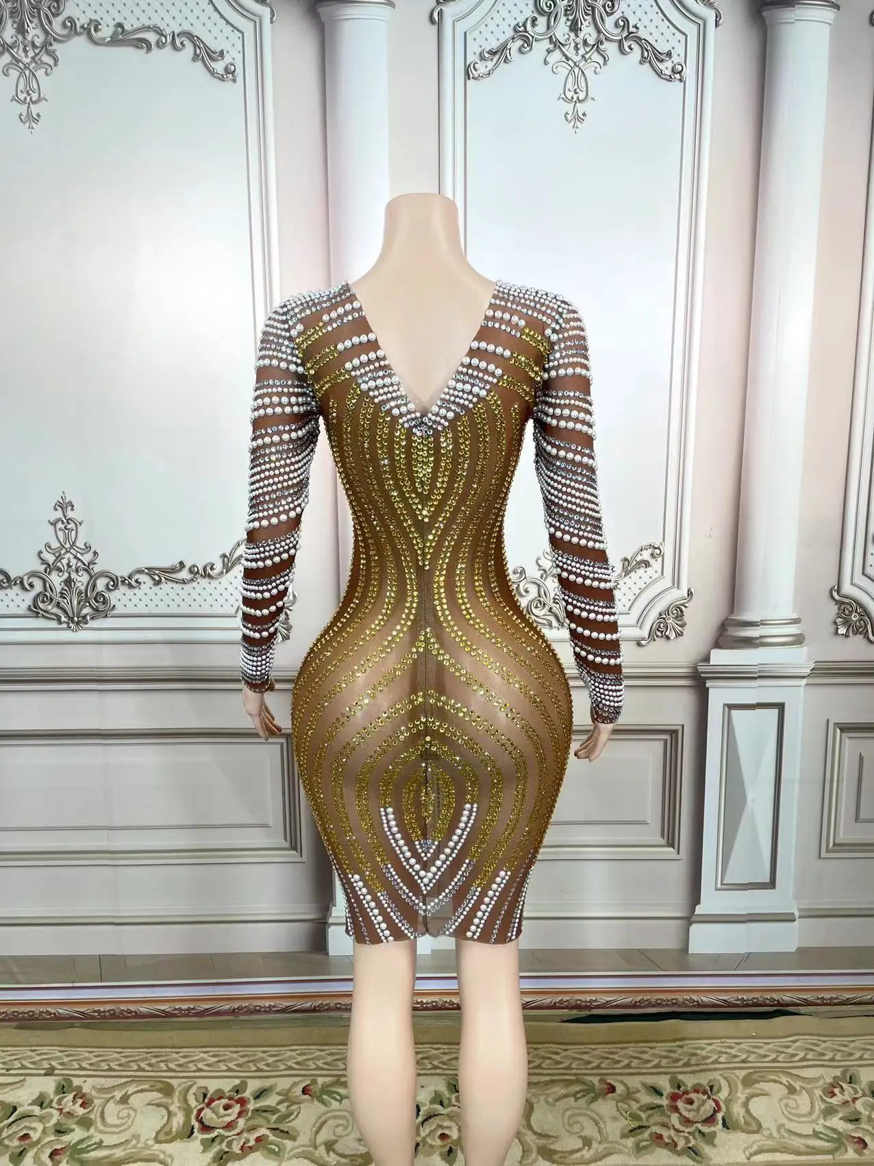 Skin Color Mesh gold Rhinstone  Mini Evening Short Dress Bodycon Festival Showgirl Costume Birthday Formal Real Women Celebrate