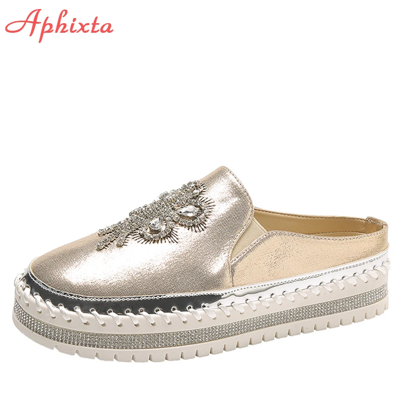 Aphixta Cryatals Appliques Shoes Women Slides Loafers Flat Heels Students Bling Half Slippers Revits Couple Platform Shoes Woman