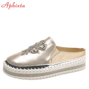 Aphixta Cryatals Appliques Shoes Women Slides Loafers Flat Heels Students Bling Half Slippers Revits
