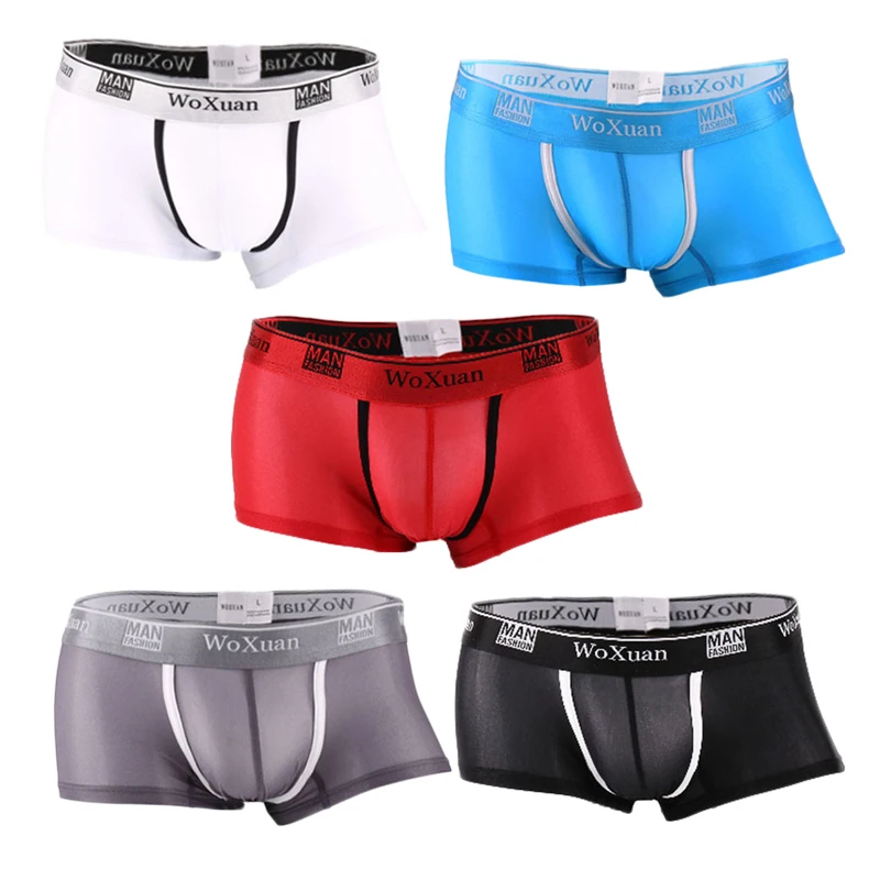 5PCS Men Sexy Ice Silk Seamless Boxer Pouch Sleepwear Breathable Underwear Pants Shorts Comfortable Bulge Panties Underpants