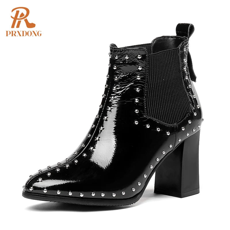 

PRXDONG New Fashion Women's Shoes Brand Chunky High Heels Pointed Toe Black Rivets Dress Party Female Ankle Boots Big Size 34-43