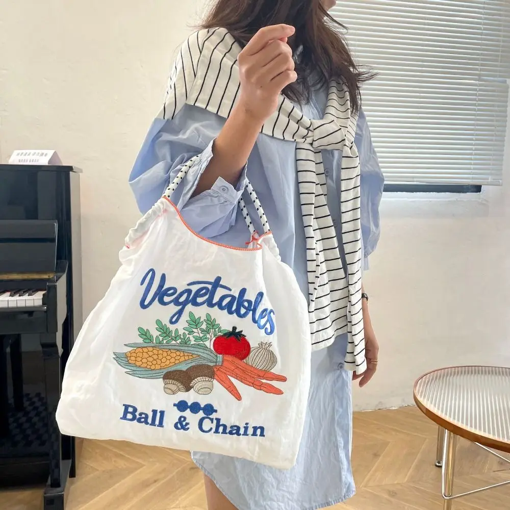 

Korean Style Fruit Vegetable Embroidery Handbag Nylon Vacation Tote Bag Drawstring Handbag Storage Bag Large Capacity