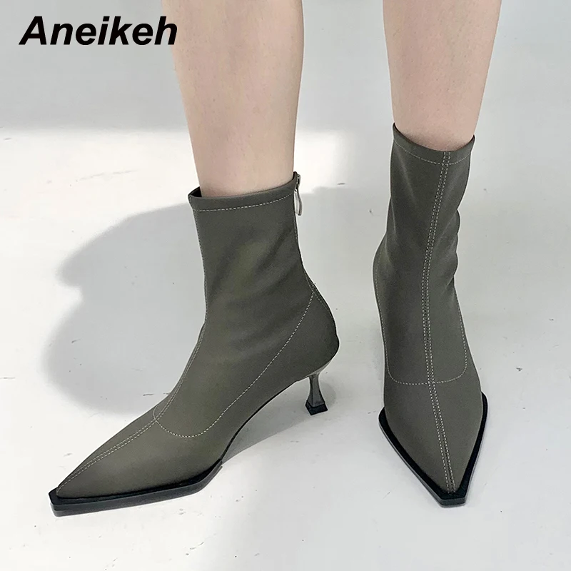 

Aneikeh 2022 Stretch Fabric Winter Fashion Rome Pointed Toe Chelsea Boots Mid-Calf Women's Thin Heels Office Shoes Black 35-39
