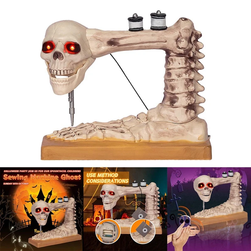 

Sound Activated Skeleton Sewing Machine Spooky Decor Unique Halloween Sculpture For DIY And Sewing Fans