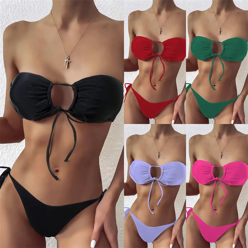 

2022 Summer Women Push Up Bikinis Set Solid Strapless Bathing Suits For Women Bandage Padded Black Beach Swimwear
