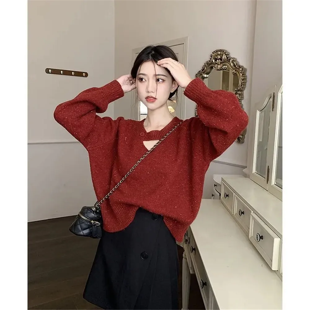 

Christmas Red Hollow Out Design Thick Long Sleeve Knitting Sweater Women Korean Cropped Loose Outerwear All-Match Aesthetic