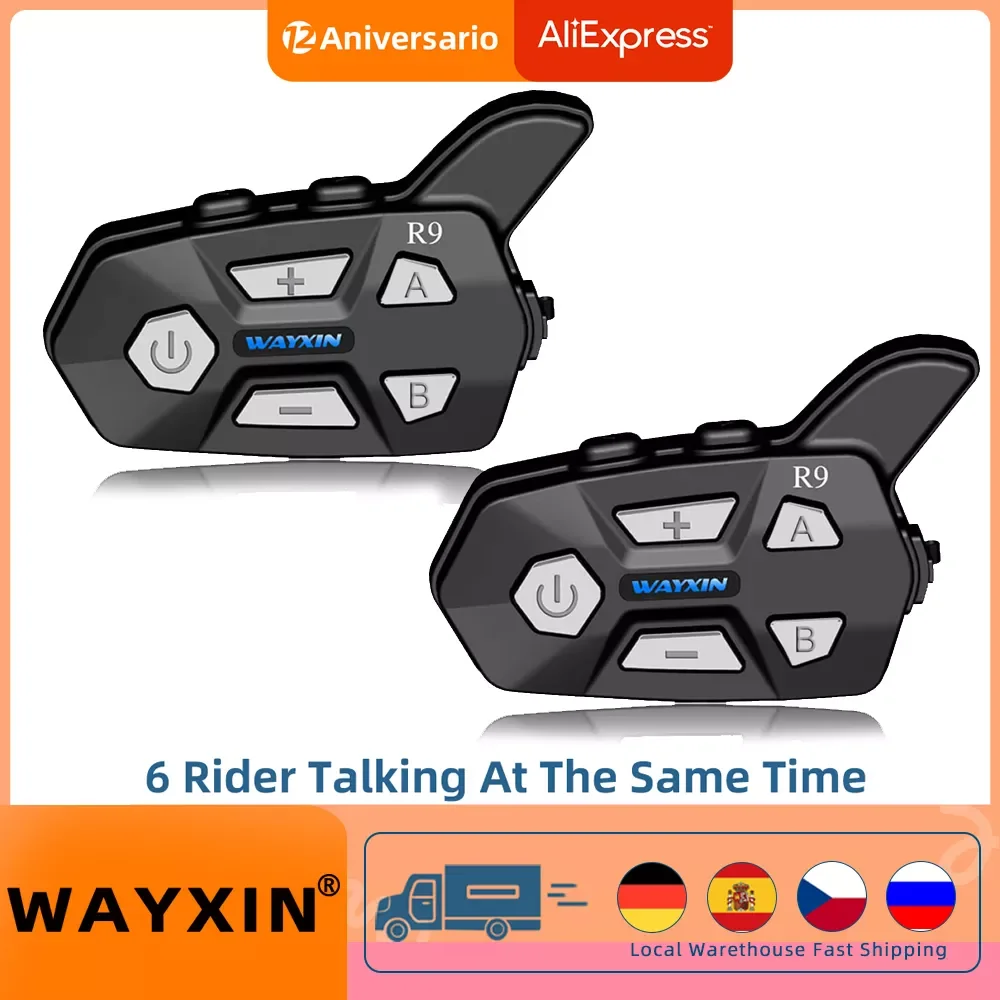 

Гарнитура для шлема WAYXIN R9 Bluetooth 5,0, мотоциклетный Интерком, совместим с 6 динамиками, одновременный разговор по Bluetooth, FM-радио