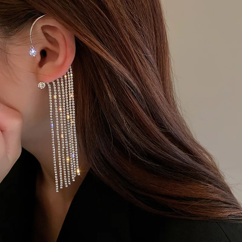 

Single Vintage Diamond Inlaid Long Chain Earrings for Women Korean Tassel Earrings Without Ear Holes Earbone Clip Jewelry