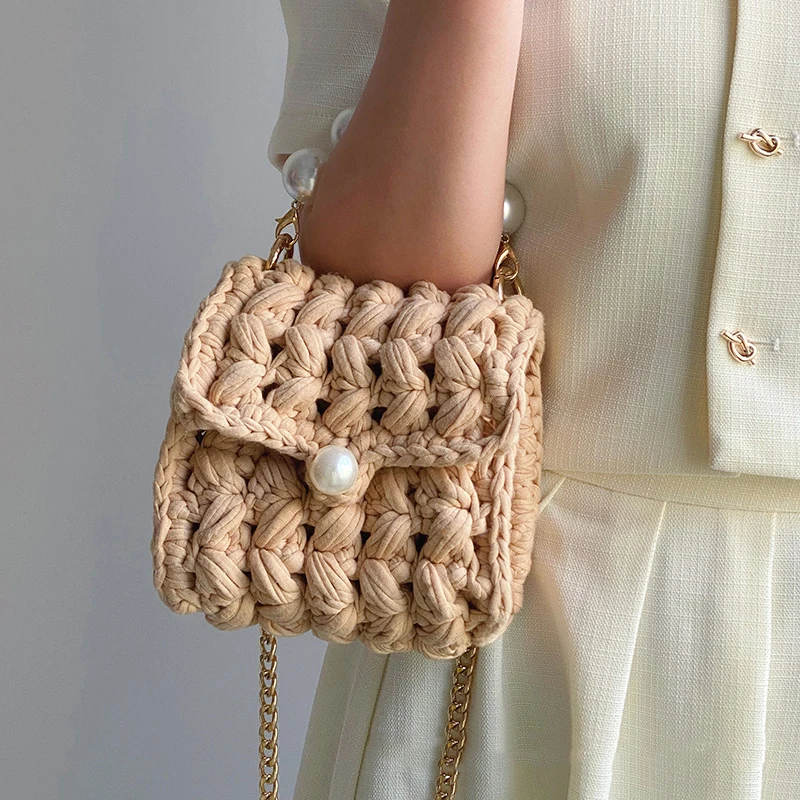 

Сумка через плечо женская, 2022, с жемчугом, вязаная