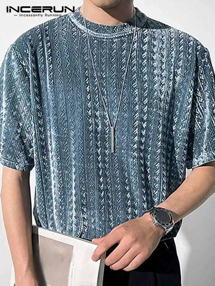 

Футболка INCERUN мужская с круглым вырезом, однотонная велюровая тенниска со складками, модная повседневная майка с коротким рукавом, 2022