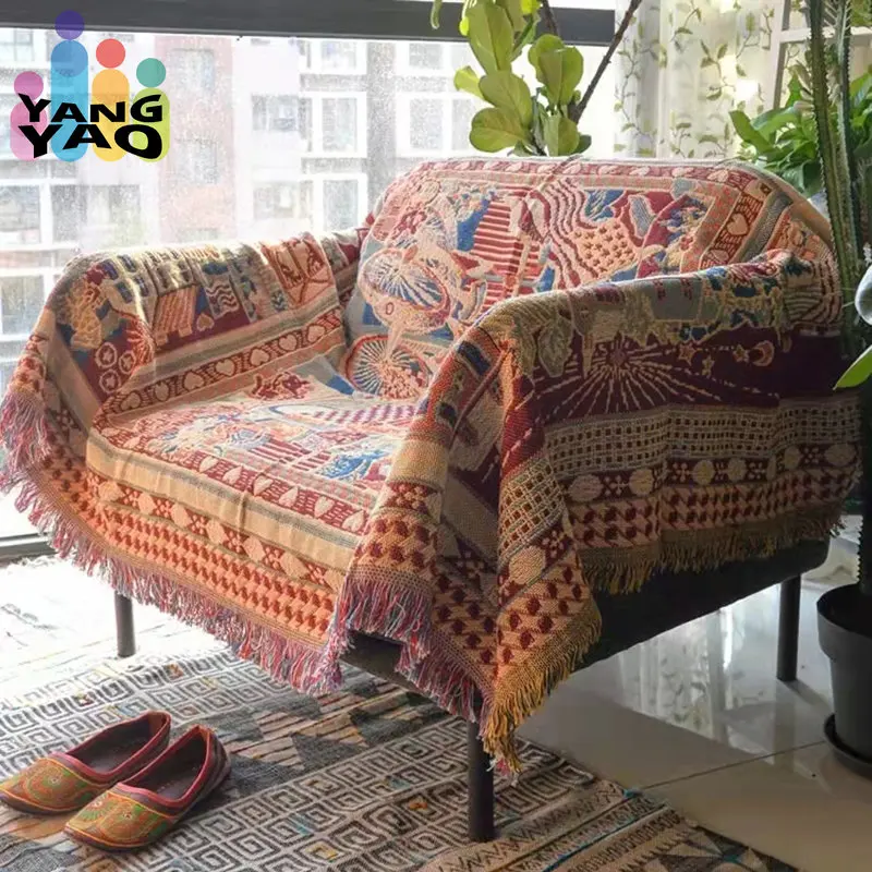 

Двустороннее вязаное мягкое покрывало для дивана в богемном стиле, покрывало с кисточками и нитками для дивана, коврики для сна, винтажное домашнее покрывало для кровати