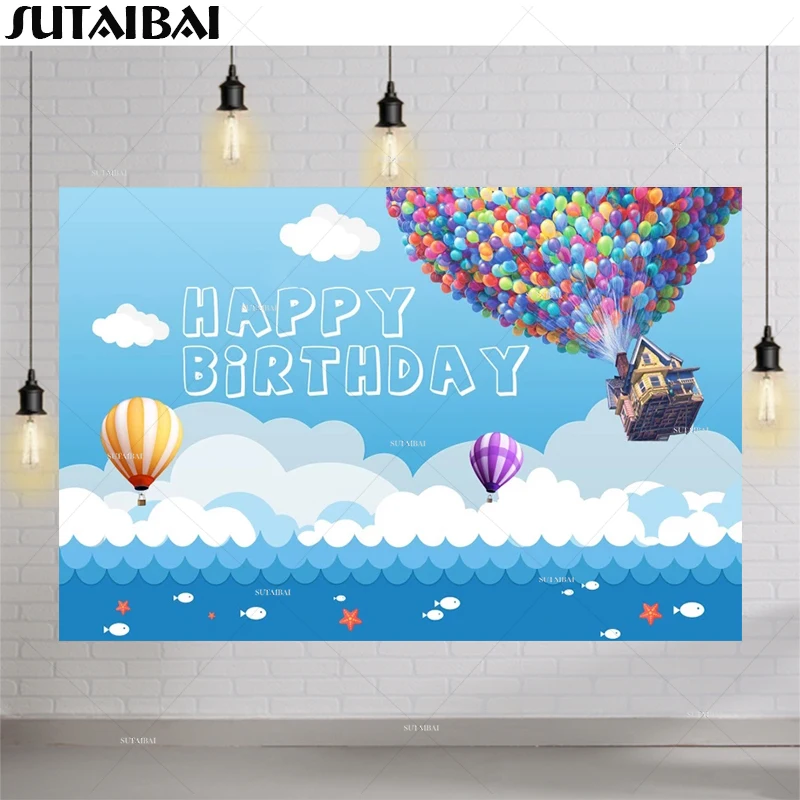 

Фон для фотосъемки с красочными воздушными шарами летающим голубым небом домом для детской вечеринки на день рождения фотостудийный фон дл...