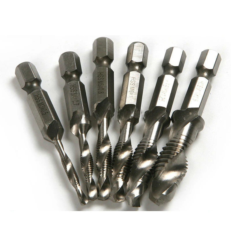 

1/4'' Hex HSS High Speed Steel Thread Spiral Screw M3 M4 M5 M6 M8 M10 Metric Composite Tap Drill Bit Tap 6pcs/set