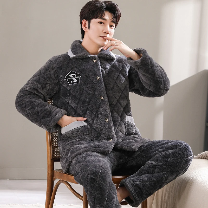 Pajamas Men's Winter Coral Fleece Thickened Fleece-lined Warm Flannel Three-Layer Quilted Home Wear Set