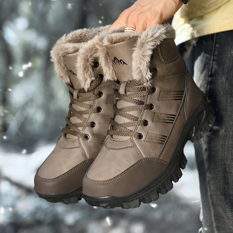 

Мужские зимние плюшевые высокие ботинки на шнуровке, толстые однотонные повседневные удобные нескользящие уличные теплые ботинки из ПУ кожи для скалолазания