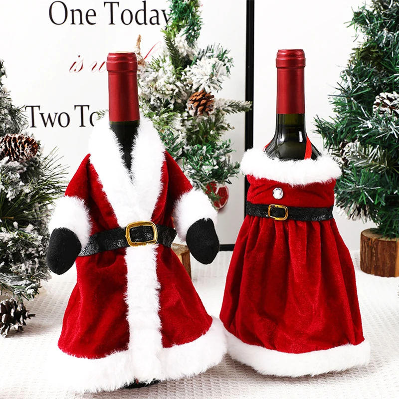 

2023Christmas Wine Bottle Cover Set Golden Velvet Dress Clothes Cap Wine Bottle Bag Sleeve Xmas New Year Dinner Table Decoration