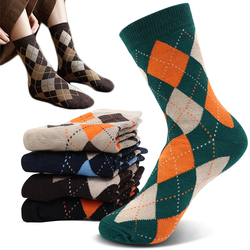 

Autumn diamond Cotton Socks Women Men Winter Tartan mid-calf Warm Sock Streetwear Plaid Striped Preppy Argyle Geometric Socks