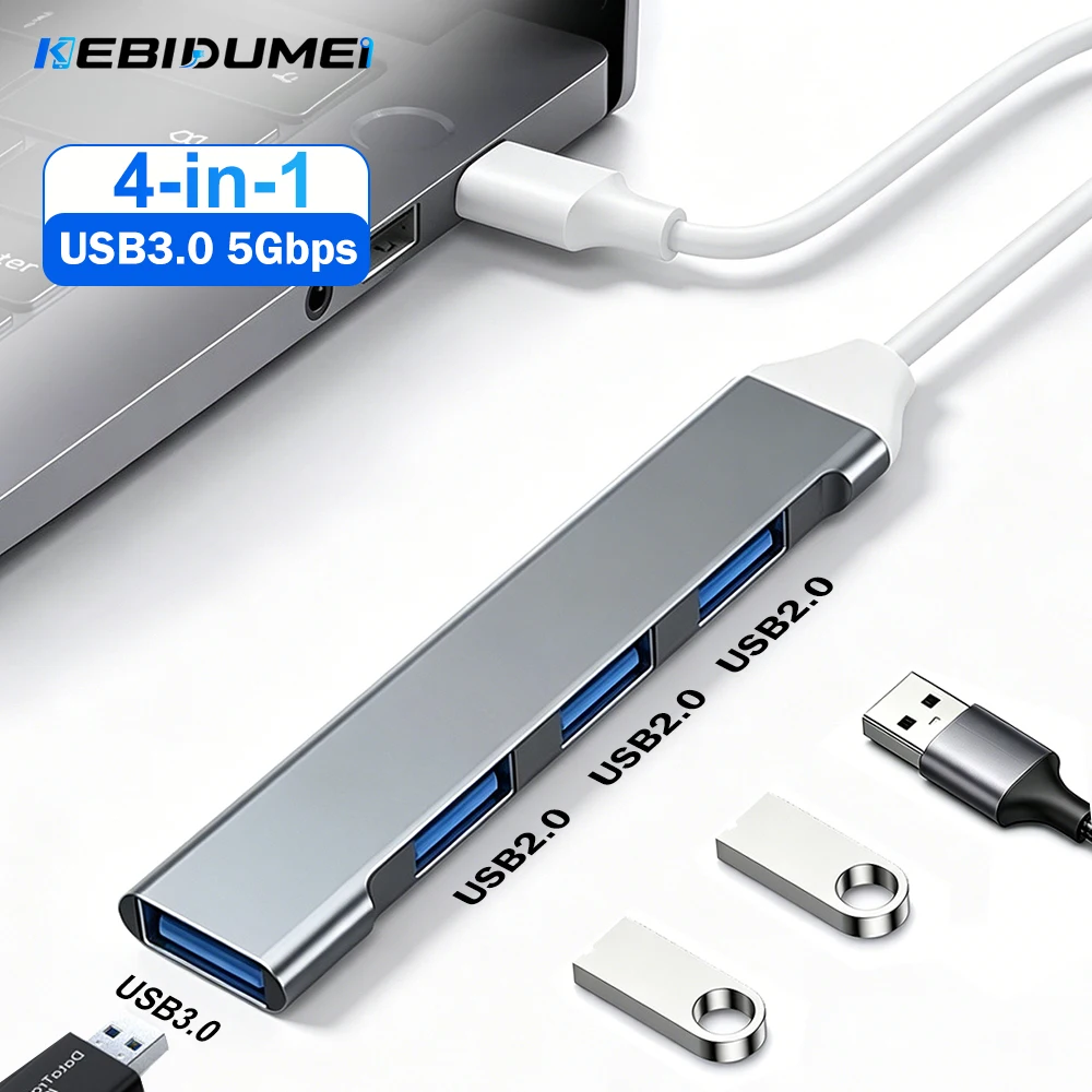 Фото USB-концентратор KEBIDUMEI USB 3.0, 5 Гбит/с, высокоскоростной, 4 порта, USB-C, USB-разветвитель, OTG-адаптер для мыши, клавиатуры, MacBook Pro, ноутбука, настольного компьютера №1