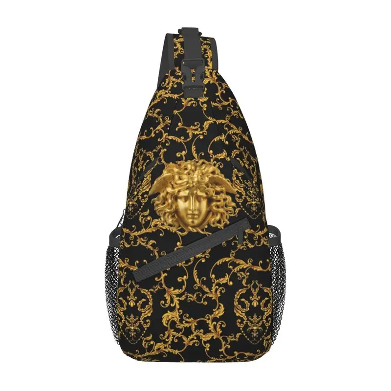 

Golden Baroque Floral Medusa Monster Head Snake Sling Chest Bag Greek Myth Shoulder Crossbody Backpack for Men Hiking Daypack